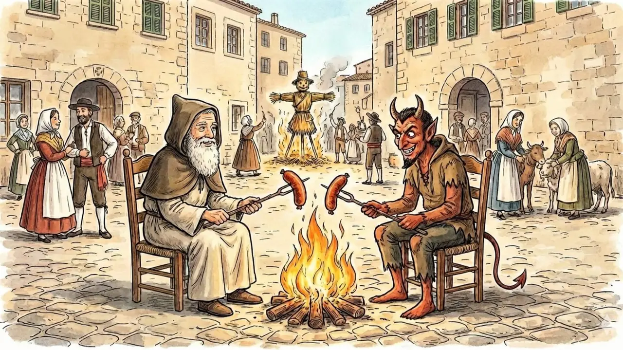 Dibuix per IA de Sant Antoni i el dimoni torrant sobrassada.