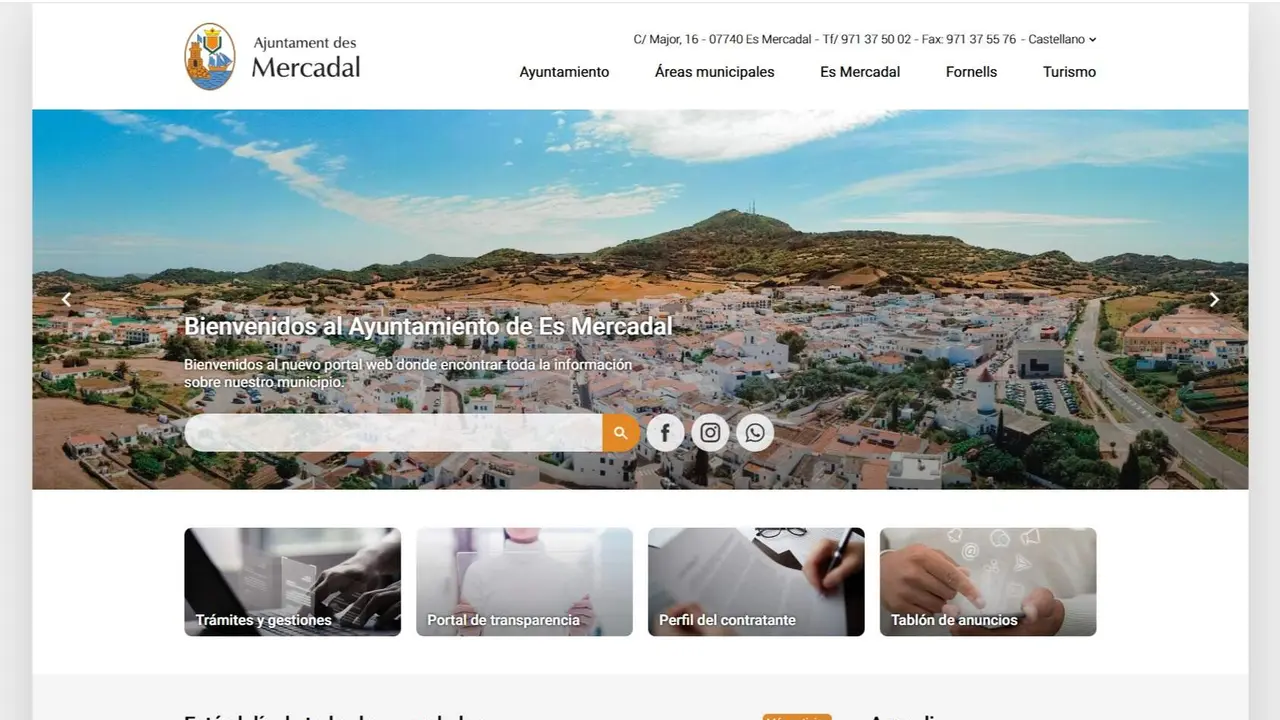 Imatge de la plana principal del web de l&rsquo;Ajuntament des Mercadal, punt d&rsquo;informaci&oacute; i acc&eacute;s als principals tr&agrave;mits, not&iacute;cies i serveis municipals.